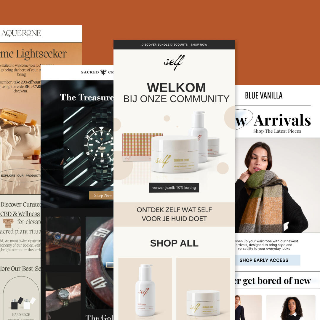 Custom email designs and copy created by Inbox Snacks for welcome, cart, and post-purchase flows