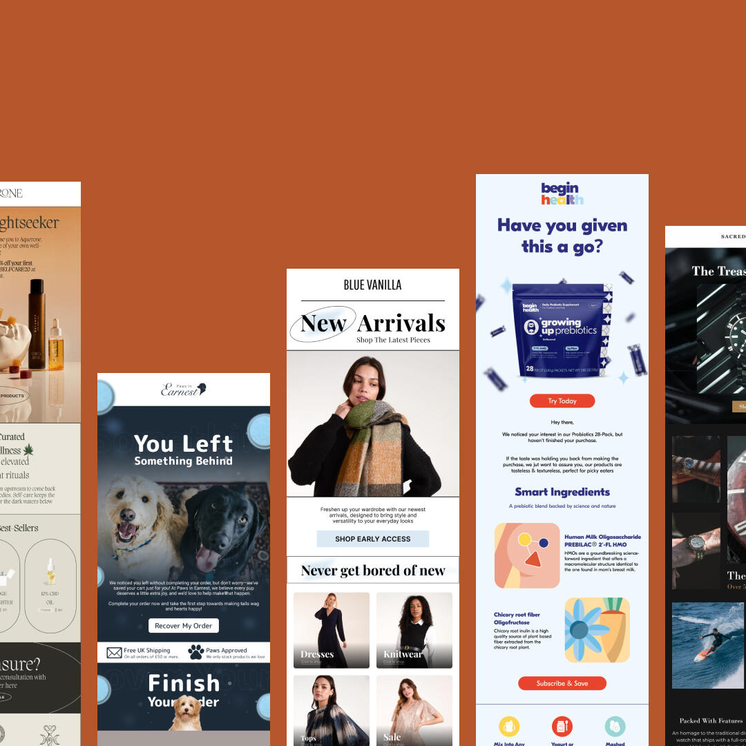 Preview of Klaviyo email flows and campaigns designed by Inbox Snacks for eCommerce brands