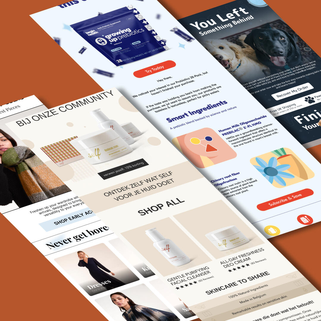 Portfolio preview of custom Klaviyo email designs created by Inbox Snacks for eCommerce flows and campaigns
